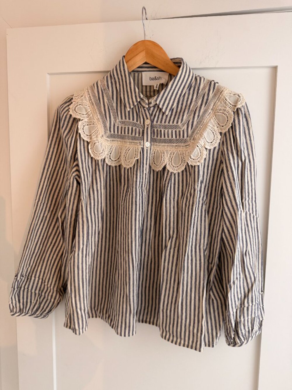 ba&sh Striped Button Down w/Lace, Size: XS - Picture 2 of 4